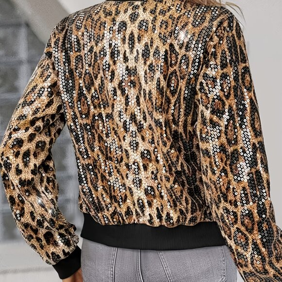 Chic Leopard Print Sequin Bomber Jacket For Women - Picture 2 of 3